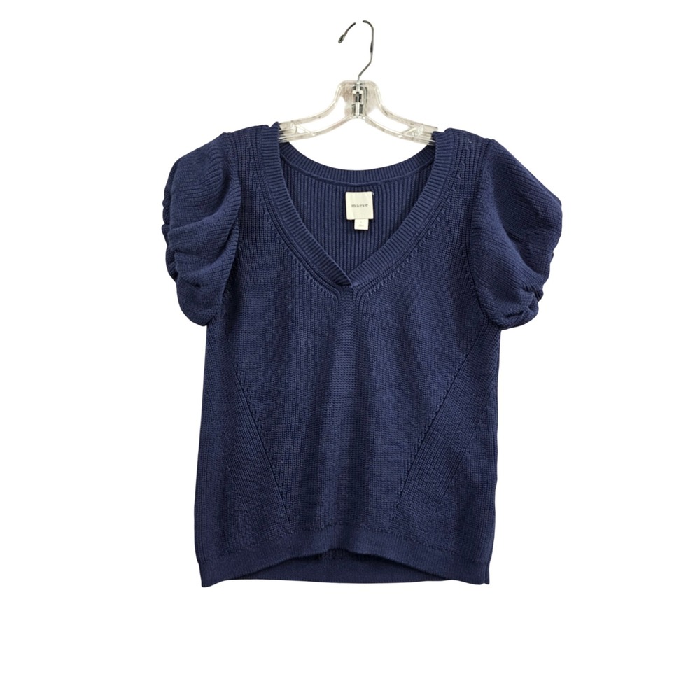 Maeve Anthropologie Puff Sleeve Sweater Womens Large Navy Blue V-Neck Knit Top